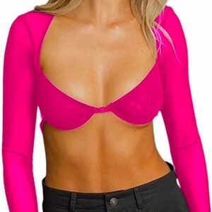 Amazon Women’s Sexy Hot Pink Long Sleeve Sweetheart Neck Sheer Mesh Crop Top